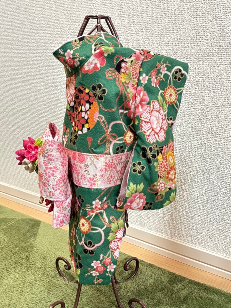 ★新作★完成品☆犬服☆つまみ細工帯飾り付き 犬用着物Sサイズ女の子 華 グリーン