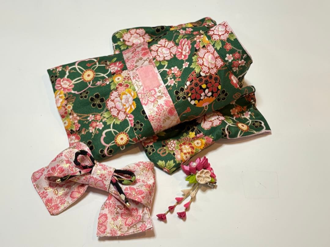 ★新作★完成品☆犬服☆つまみ細工帯飾り付き 犬用着物Sサイズ女の子 華 グリーン