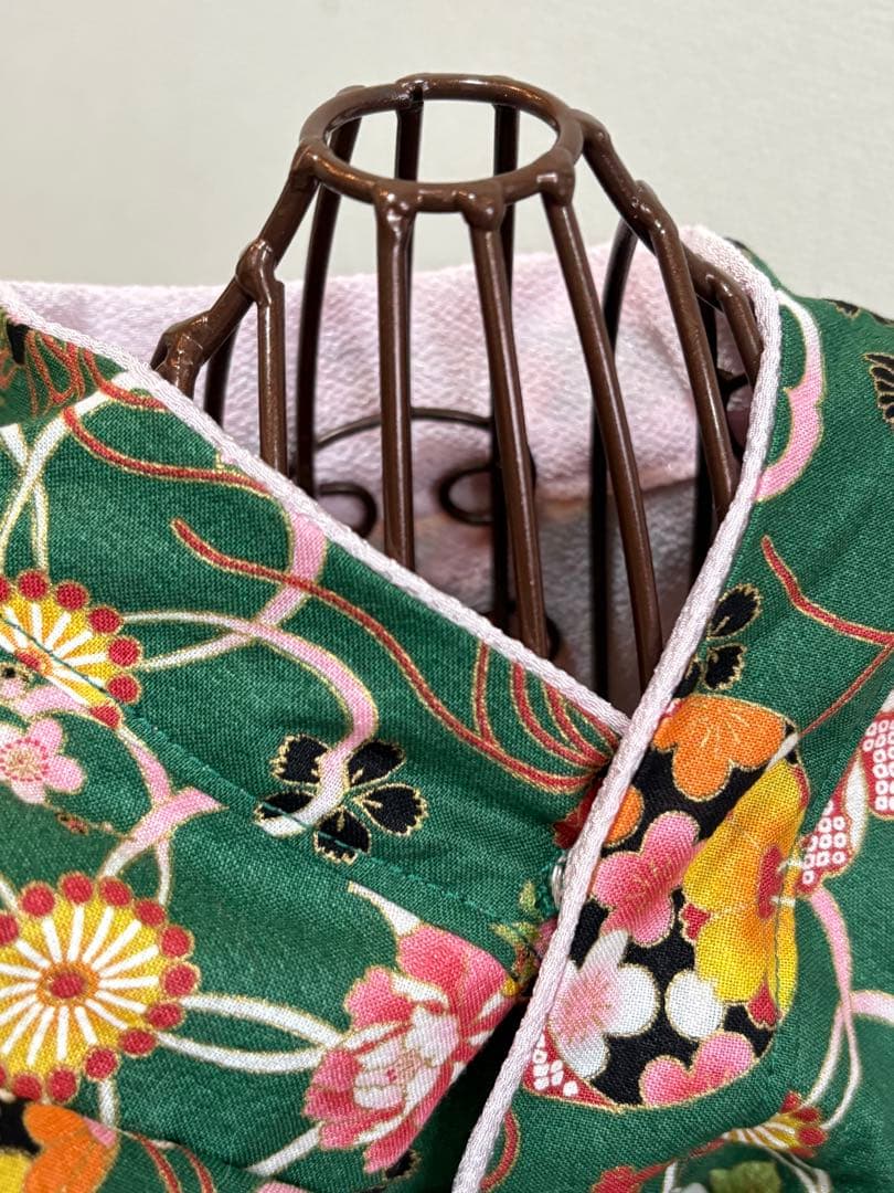 ★新作★完成品☆犬服☆つまみ細工帯飾り付き 犬用着物Sサイズ女の子 華 グリーン
