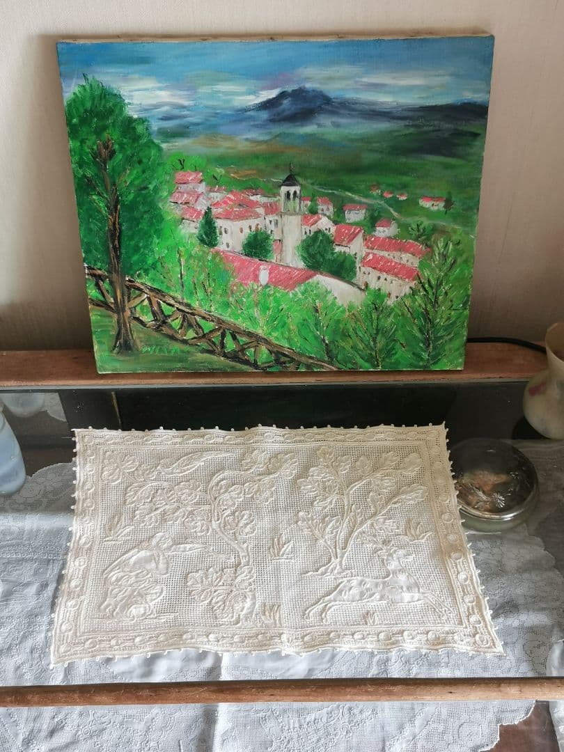 アンティークイタリア ブラットレース刺繍マット 神話の人物と男鹿と鳥 森林 古典