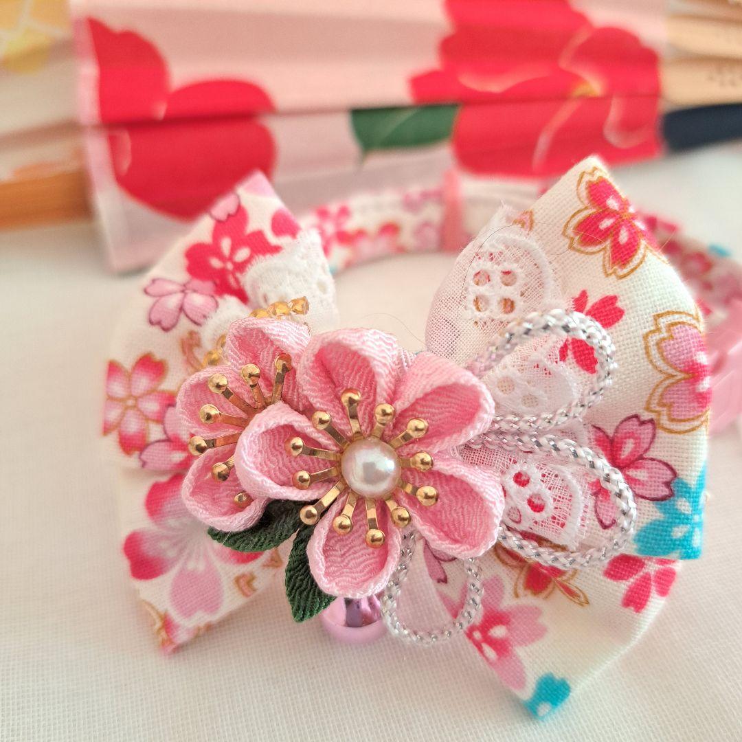 ダブルリボン、和風つまみ細工(白×ピンク)わんちゃん猫ちゃん用首輪