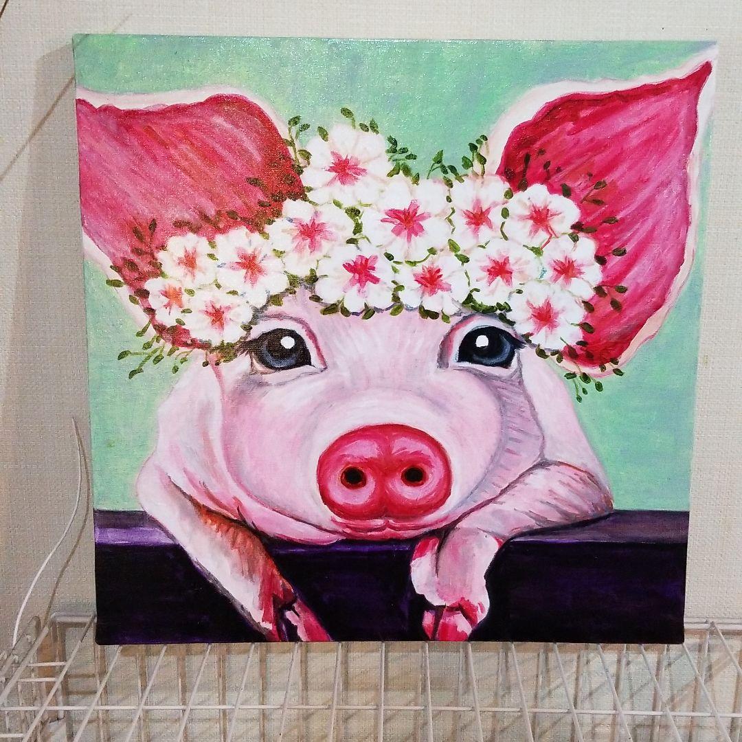 油絵　みーちゃん確認　頭に花をのせた豚