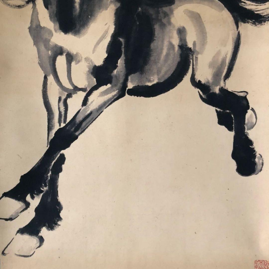 中国美術 掛け軸 馬図 奔馬 水墨画風 中堂 三尺