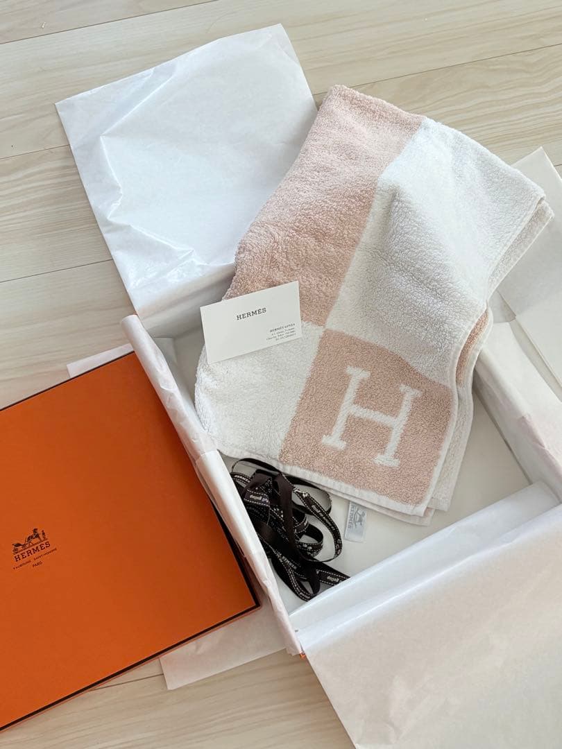 美品　エルメス　バスタオル　ローズ　赤ちゃん　ベビー　オレンジ箱