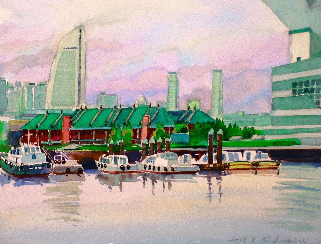横浜の水彩画 2019年 作成 フレーム付き(赤レンガ倉庫)