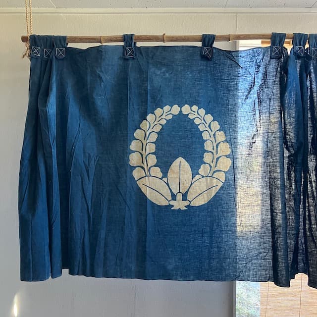 藍染 古布 木綿 暖簾 襤褸 特大 家紋 4m 筒描き 伊藤藤紋 ボロ 古道具