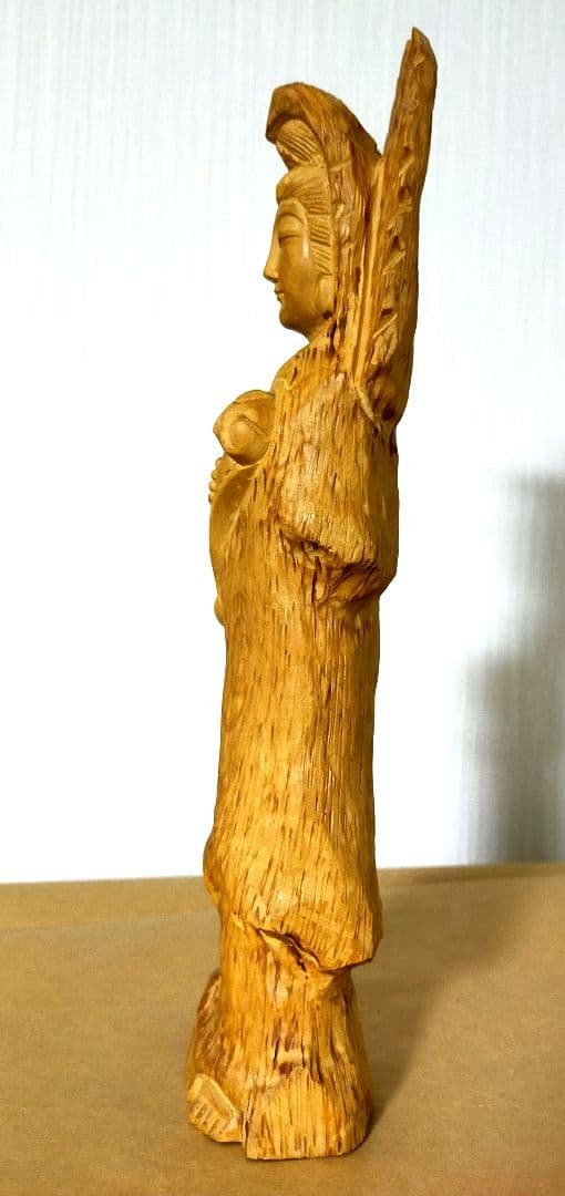 セール　仏教美術工芸品　如意観音菩薩立像　仏像　一本木彫り　つげ柘植木　縁起物