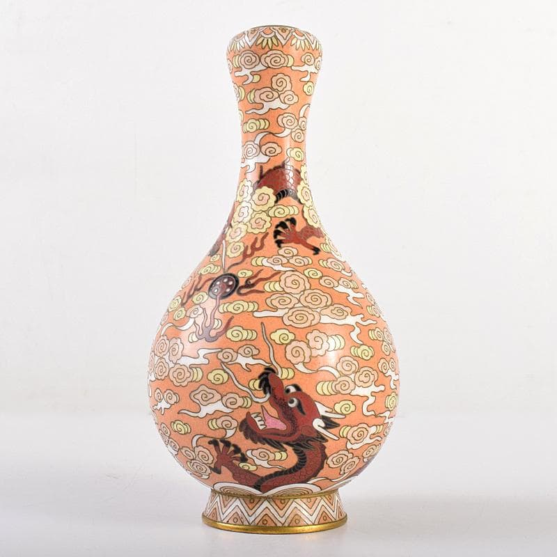 中国　景泰藍　古七宝琺瑯彩　雲竜文　蕾口瓶　共箱　D　R7822