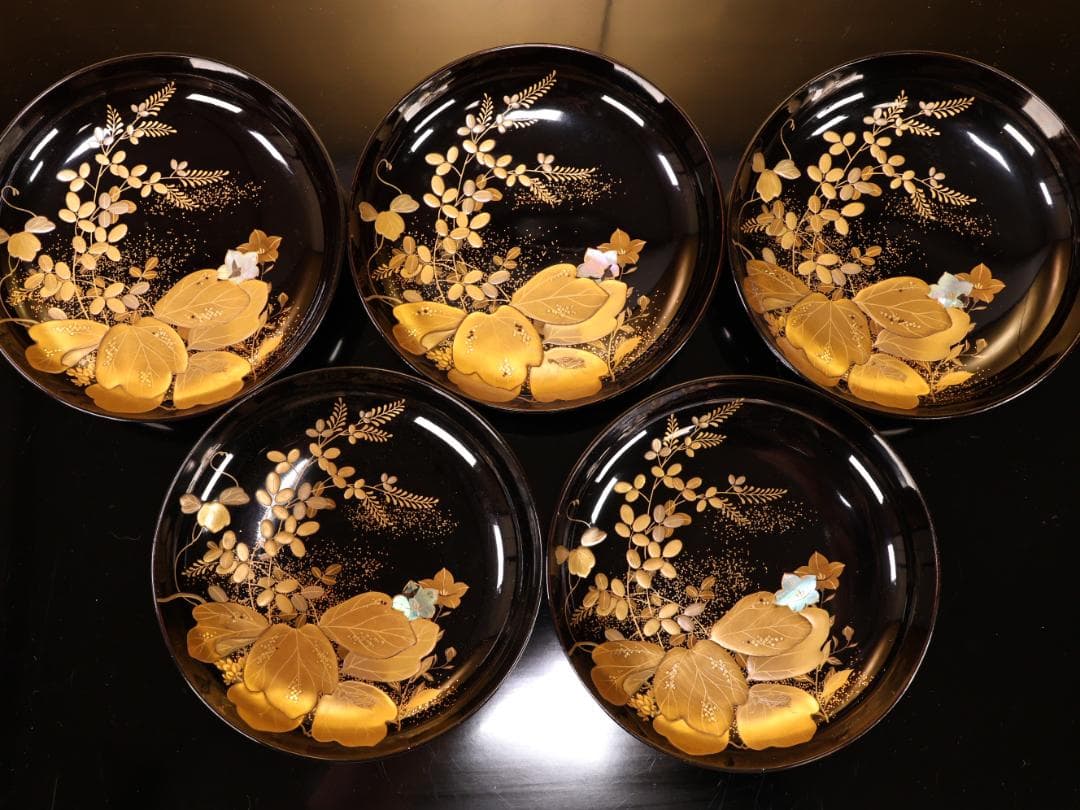 BK427　時代輪島塗　秋乃図金蒔絵　吸物椀　五客　木製　茶 懐石 菓子　螺鈿