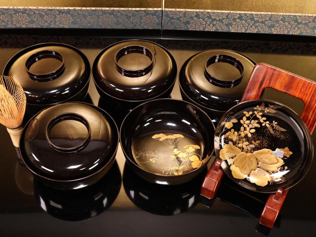 BK427　時代輪島塗　秋乃図金蒔絵　吸物椀　五客　木製　茶 懐石 菓子　螺鈿