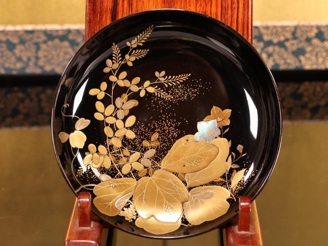 BK427　時代輪島塗　秋乃図金蒔絵　吸物椀　五客　木製　茶 懐石 菓子　螺鈿