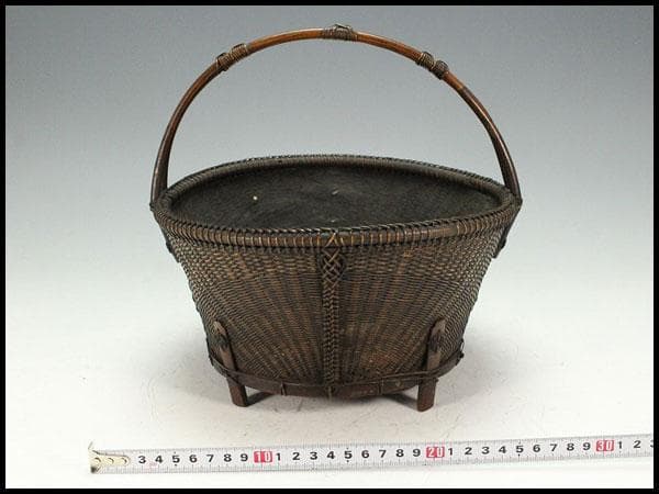 茶道具 唐物 竹網 籠 炭斗 手付 時代物(K-YC464)