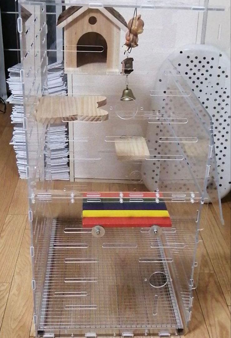 アクリル小動物用ケージ 中〜大型 木製ハウス付き