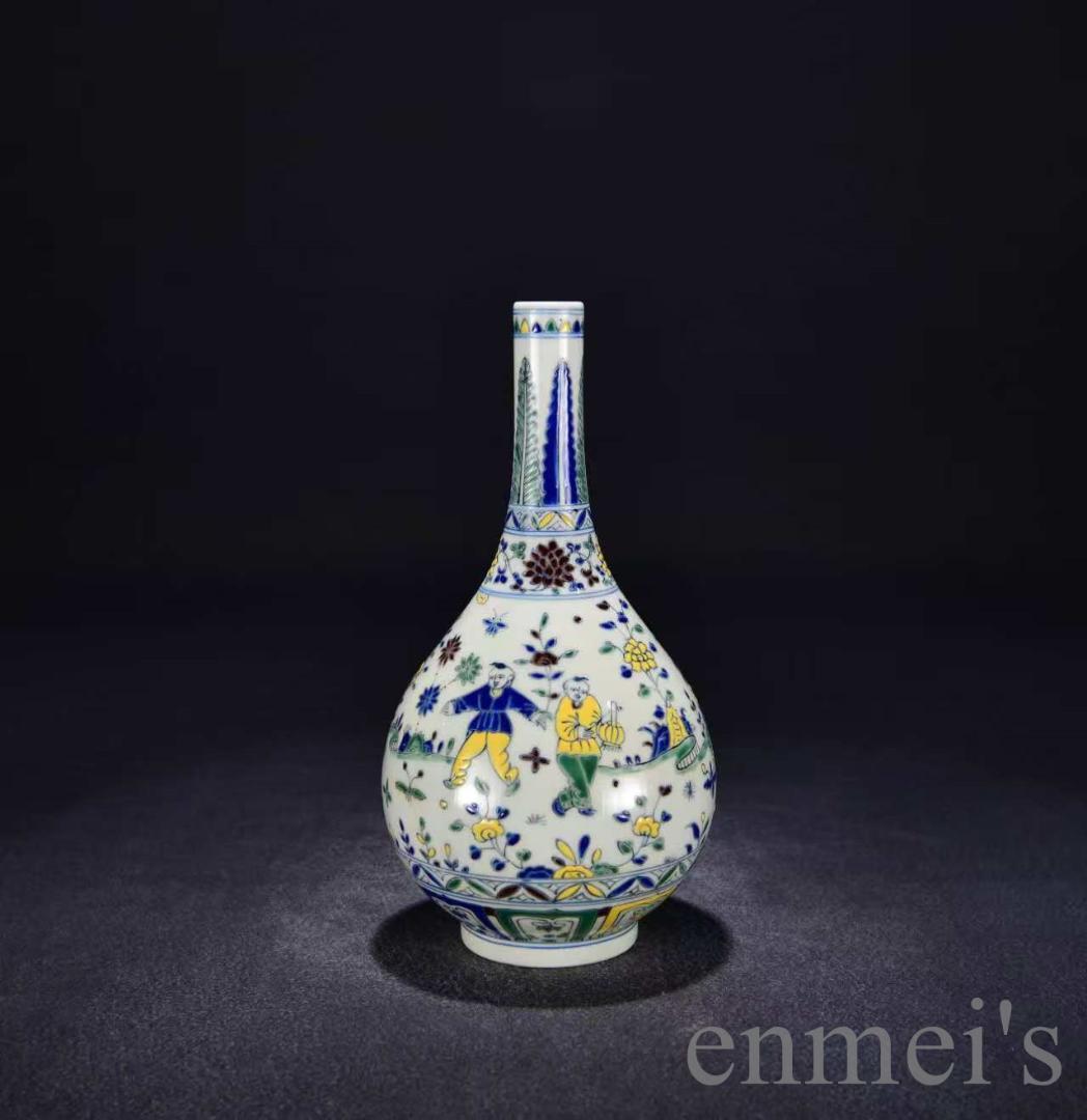 中国古美術・珍品・大明成化紋・闘彩嬰戯図胆瓶・花瓶・唐物・古陶磁器・古玩・古賞物