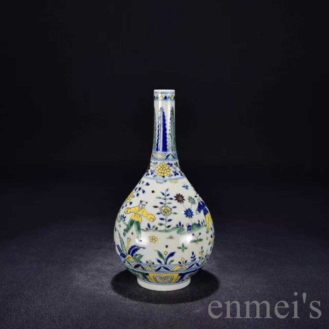 中国古美術・珍品・大明成化紋・闘彩嬰戯図胆瓶・花瓶・唐物・古陶磁器・古玩・古賞物