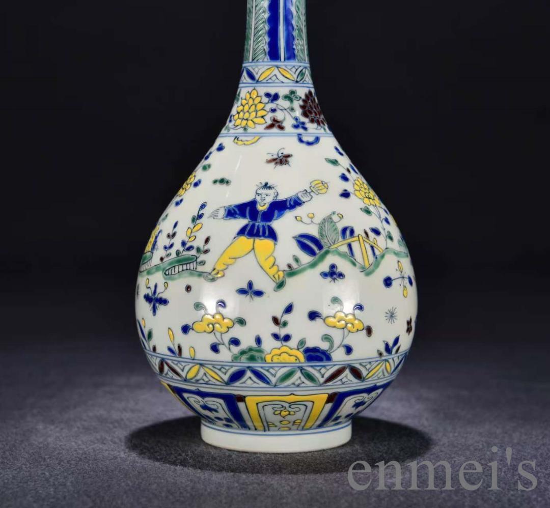中国古美術・珍品・大明成化紋・闘彩嬰戯図胆瓶・花瓶・唐物・古陶磁器・古玩・古賞物