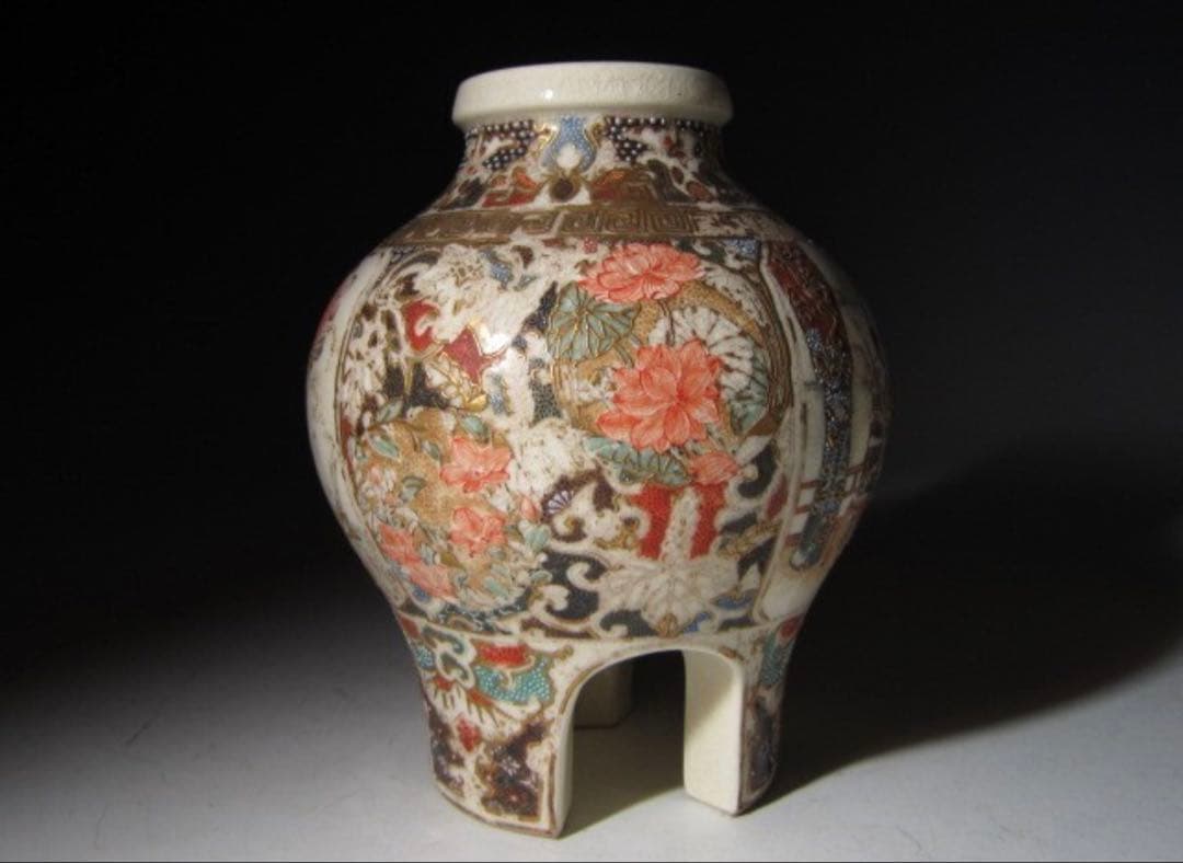 江戸期 京薩摩 帯山造 金襴手花入！7712