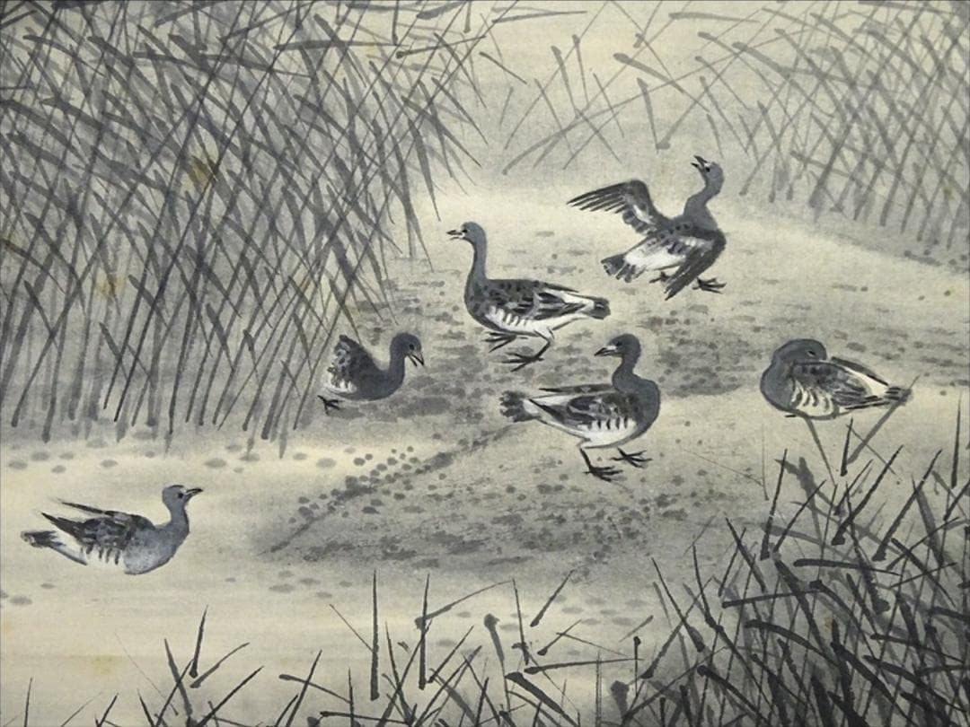 【真作】掛軸 河野華崖『湖畔夕月』紙本 肉筆 共箱付 掛け軸 p03133