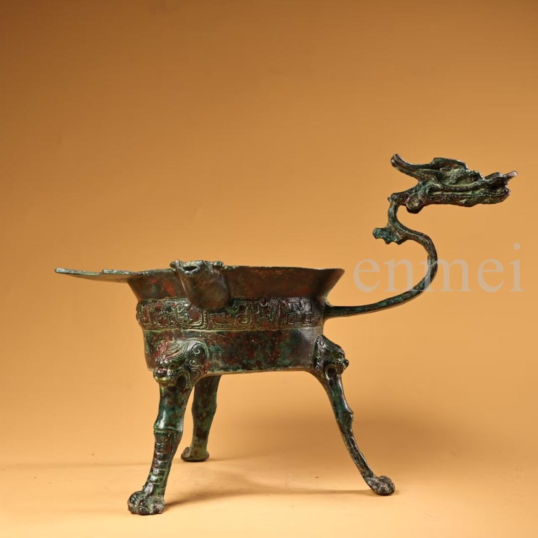 中国古美術・珍品旧藏・青銅器 龍頭杯 獣脚 中型 酒具・純銅製・置物・風水開運