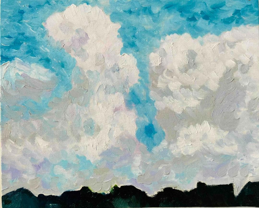 彩画　原画「民家とジャイアントクラウド」　絵画 22×27㎝ F3　キャンバス