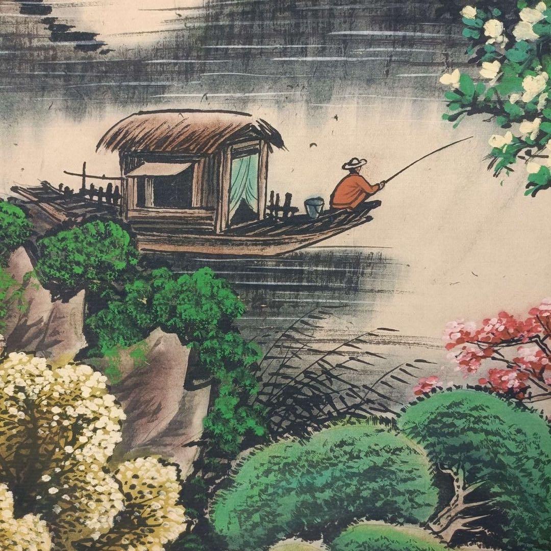 郎世寧 山水画 掛け軸 中堂 山水図 中国画 表装済 サイズ：70×173cm