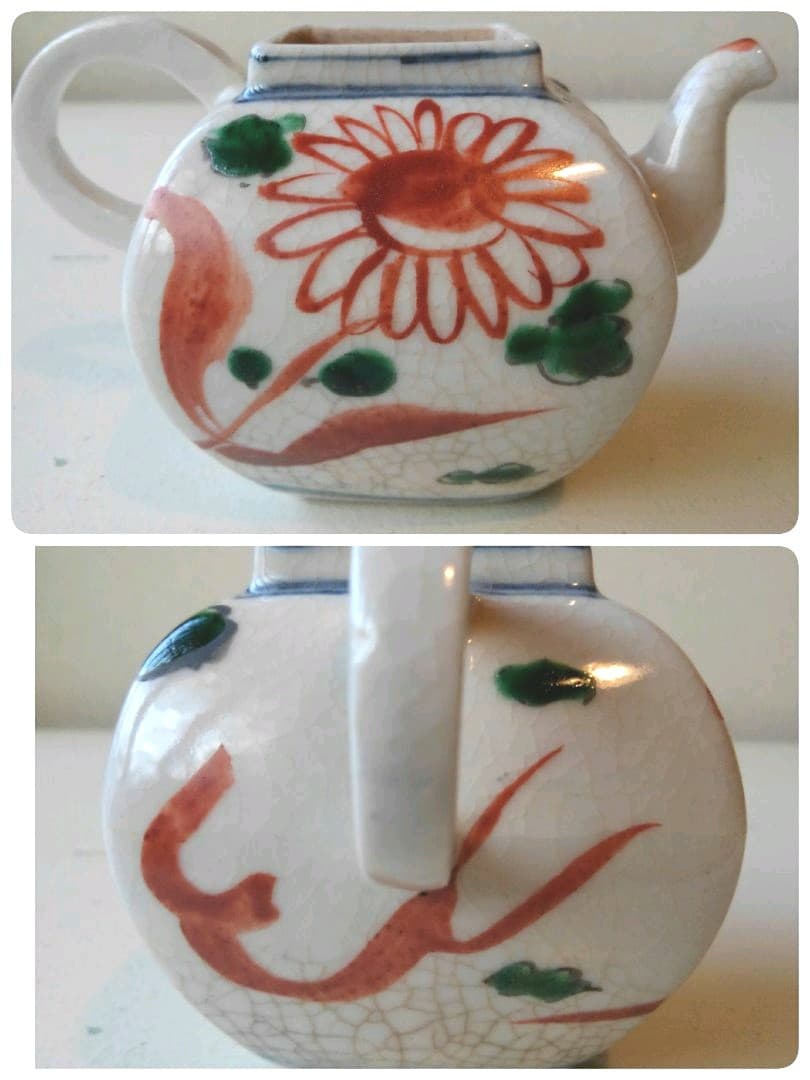 小阿弥　赤絵　角形　茶瓶　急須