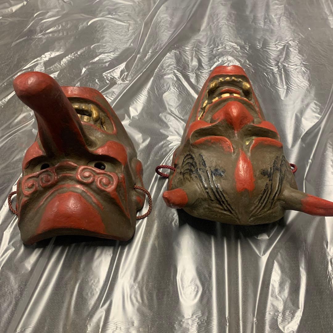 希少 美品 古い御面セット　鬼の面　天狗の面　般若 陶器 骨董品 日本伝統