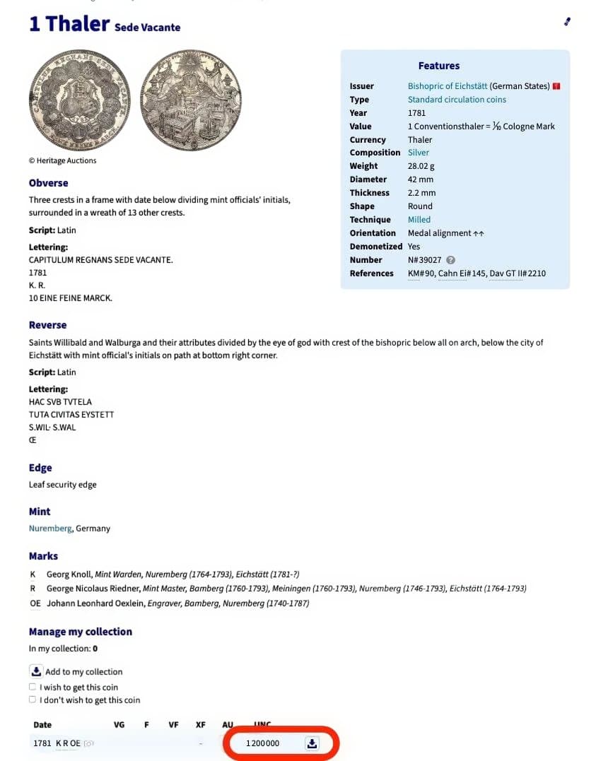 取引歴は6回ほど　神聖ローマ帝国1781年アイヒシュテット　都市景観ターラー銀貨