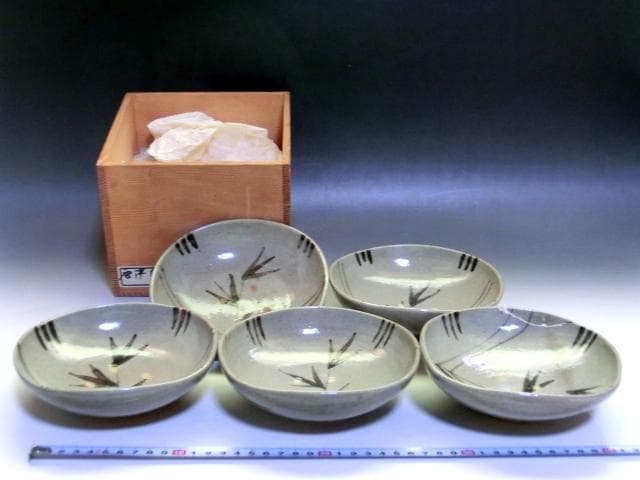 鉢■絵唐津向付 小鉢 5客 古い唐津 竹絵 四角皿 銘々皿 時代物 骨董品■