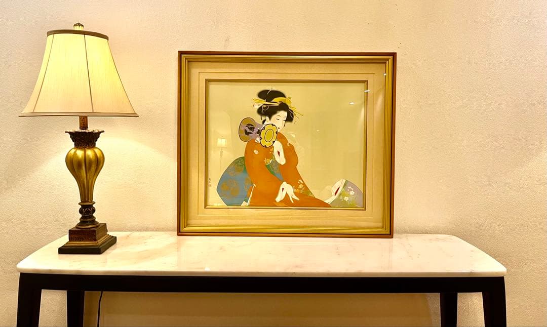 上村松園 鼓の音(複製画) 監修者承認烙印　額装