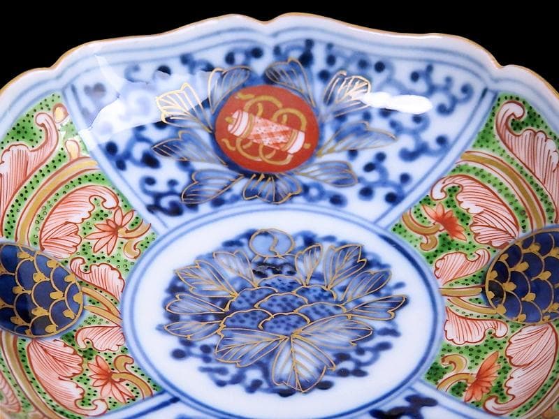 大聖寺伊万里　染錦　牡丹に唐草吉祥文の図　４寸皿　５枚　B178 AS-DAf