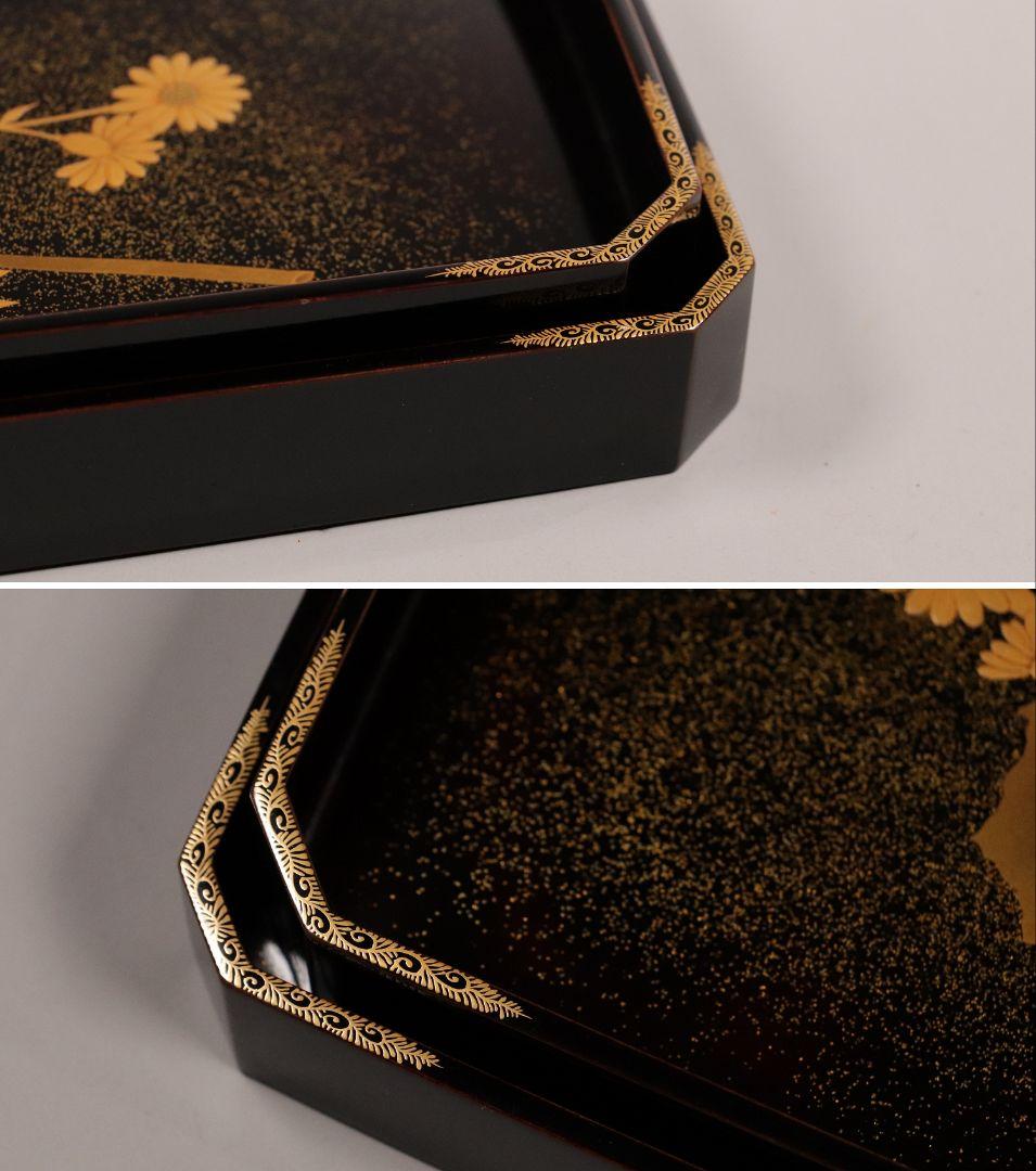 MA6 木製漆器 草花金蒔絵 黒塗 長方盆 大小一組 木箱入 切金 梨地 菊