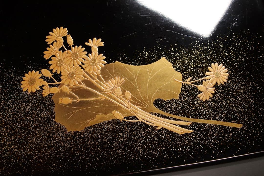 MA6 木製漆器 草花金蒔絵 黒塗 長方盆 大小一組 木箱入 切金 梨地 菊