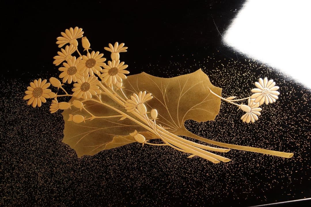 MA6 木製漆器 草花金蒔絵 黒塗 長方盆 大小一組 木箱入 切金 梨地 菊