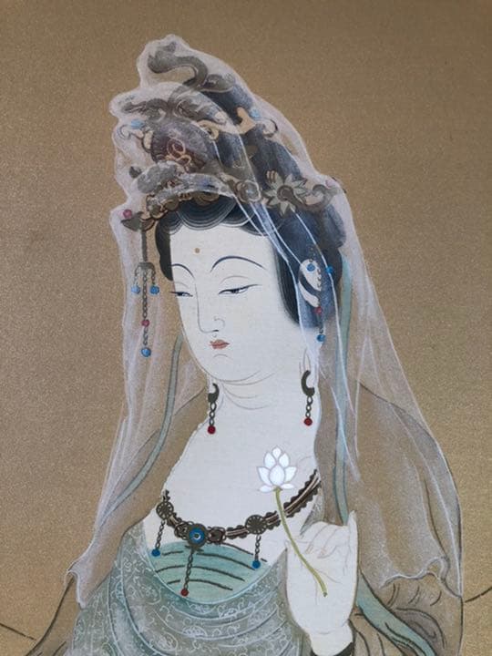 真筆 國井道成 雲上観音図       骨董 仏画 掛け軸