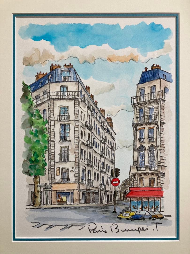 【真作保証】高橋文平「Paris」水彩原画 真筆 直筆サイン 額装品 絵画
