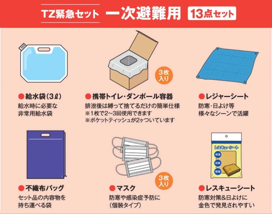 TZ緊急セット 一次避難用 13点セット　トヨタ　防災グッズ