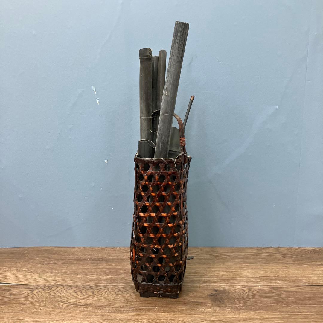 4F 趣のある逸品 竹籠 花籠 花器 竹炭 古竹 セット 囲炉裏演出 インテリア