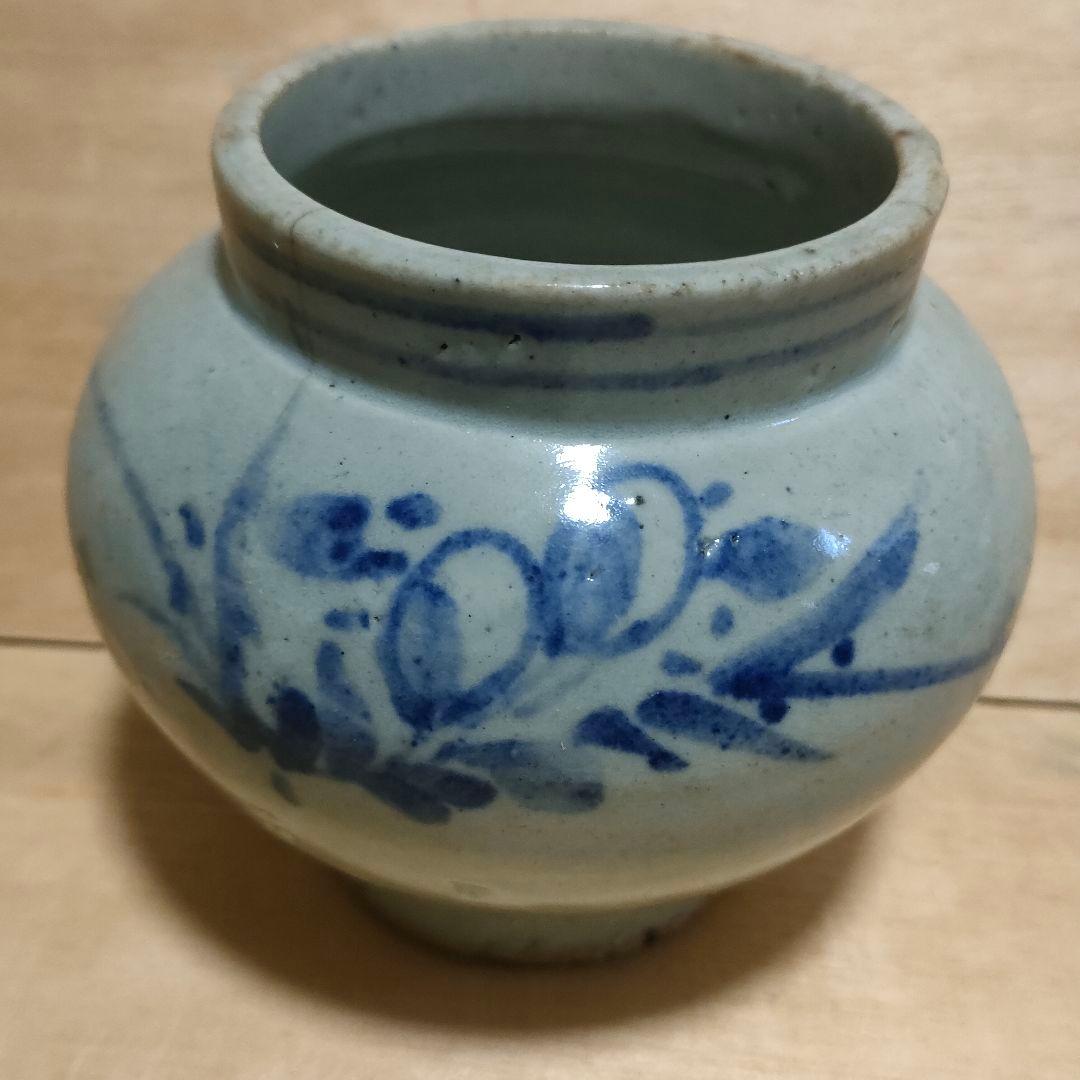 李朝染付壺　草花文　提灯壺　時代物　骨董No.162