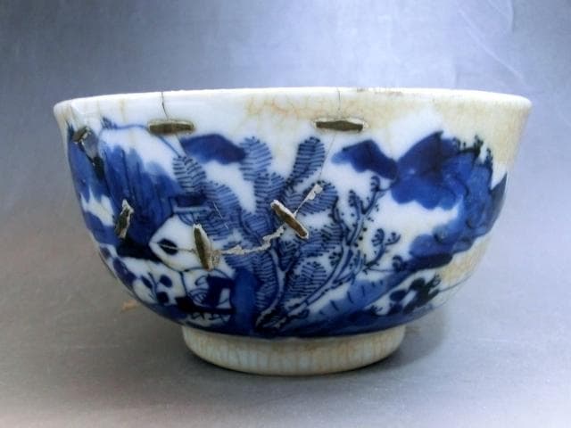 茶碗■中国 染付 魚紋 直し茶碗「成化年製」青華 お茶道具 古玩 唐物 骨董品■