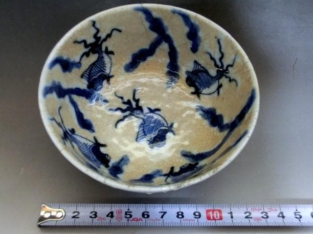 茶碗■中国 染付 魚紋 直し茶碗「成化年製」青華 お茶道具 古玩 唐物 骨董品■