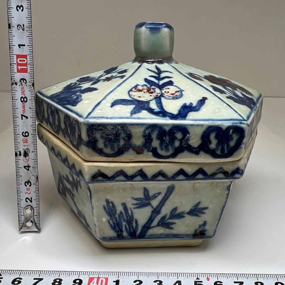 中国美術　釉裏紅六角蓋物　幅約14㎝ 東Y7-0603①