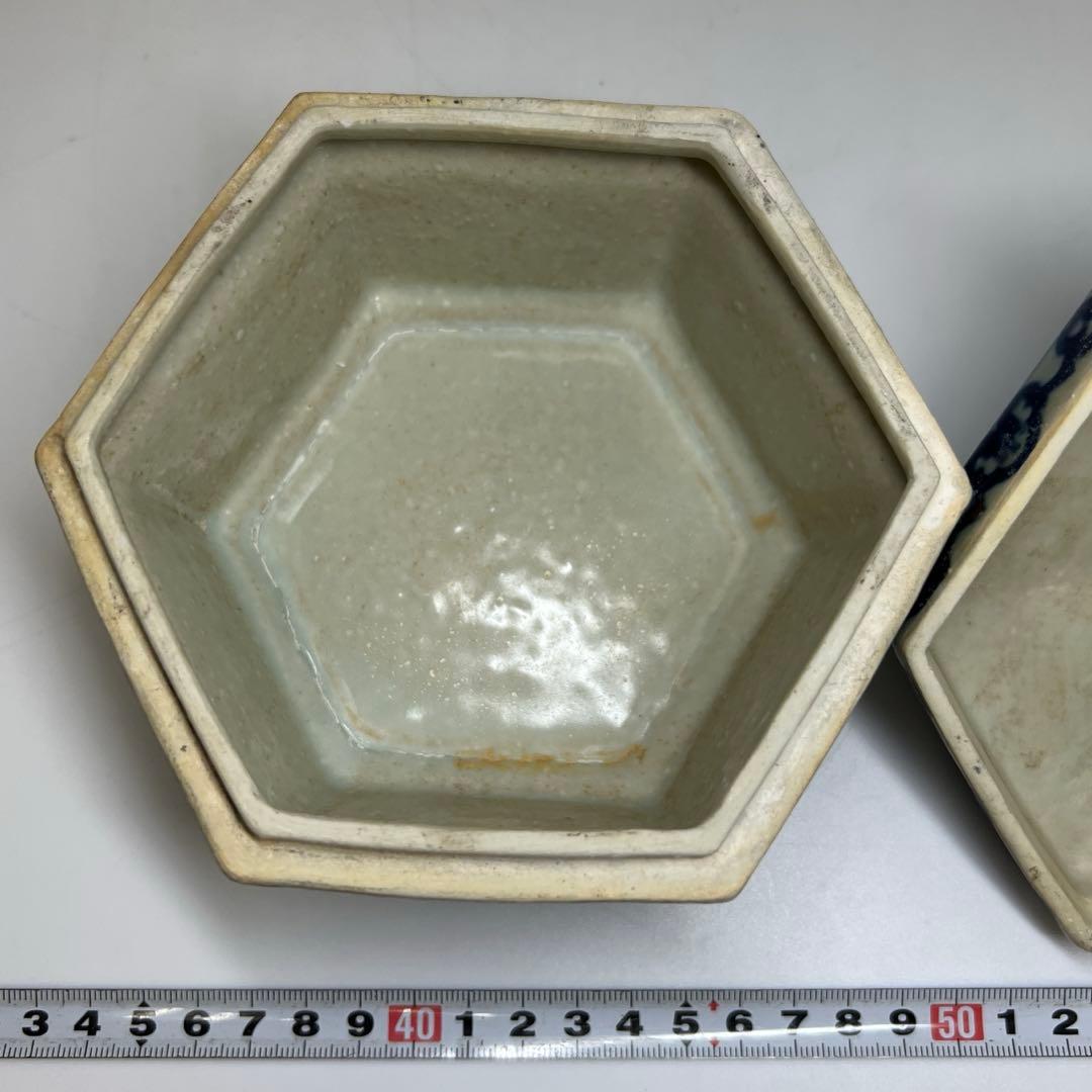 中国美術　釉裏紅六角蓋物　幅約14㎝ 東Y7-0603①