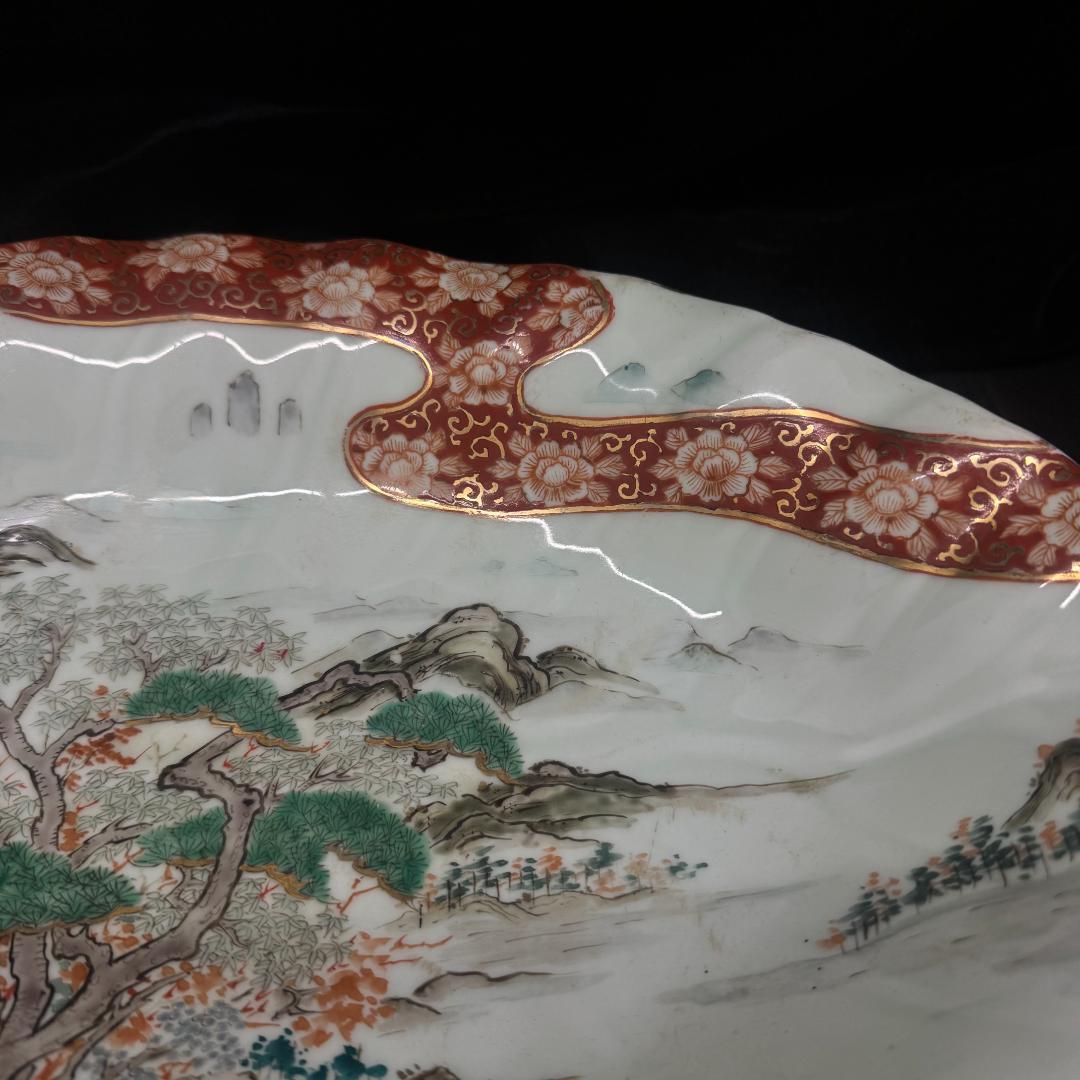 古伊万里焼　江戸後期〜幕末頃　色絵山水絵図 大鉢40cm
