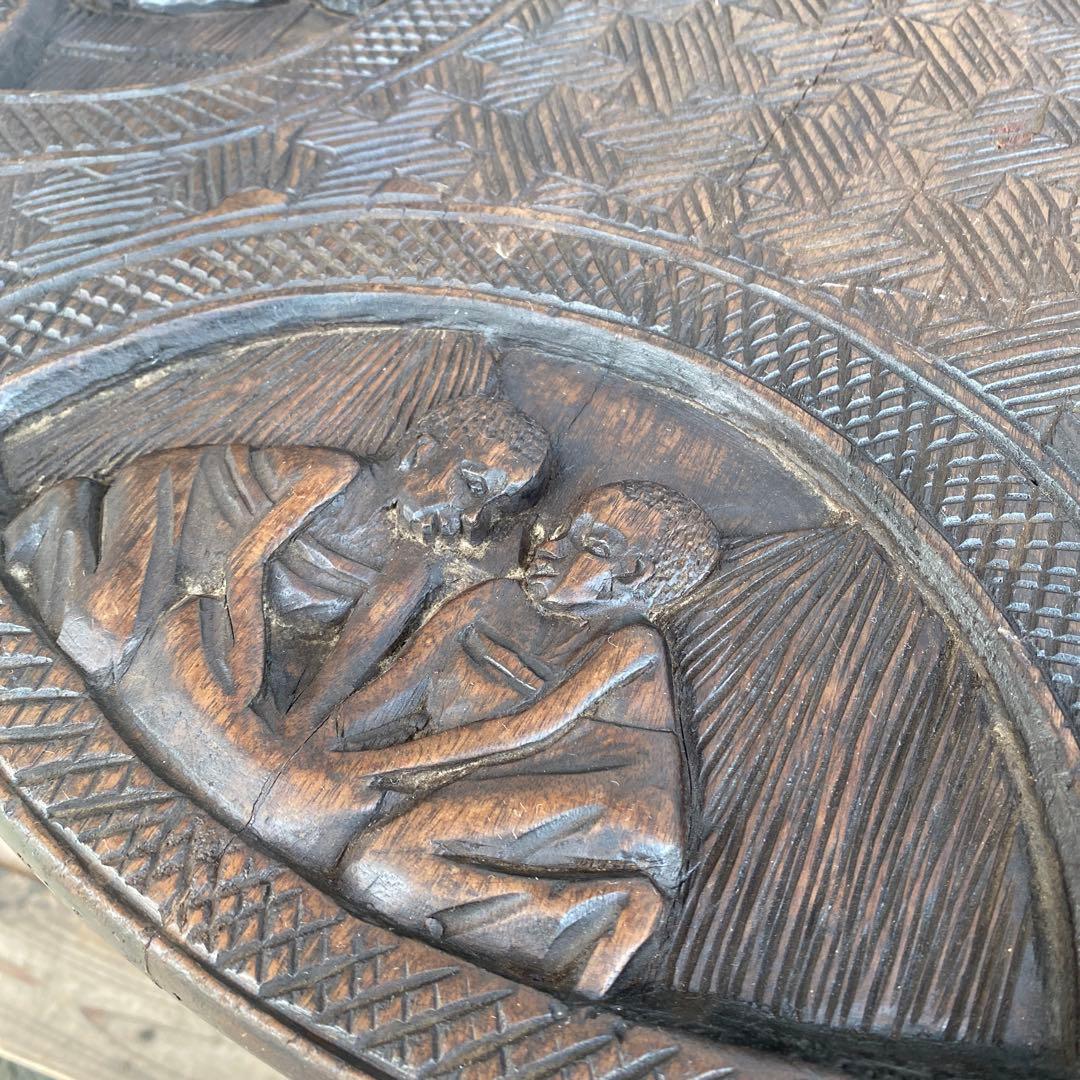 ヴィンテージテーブル 木彫 ガラス天板 インテリア 店舗什器 アフリカ アジア