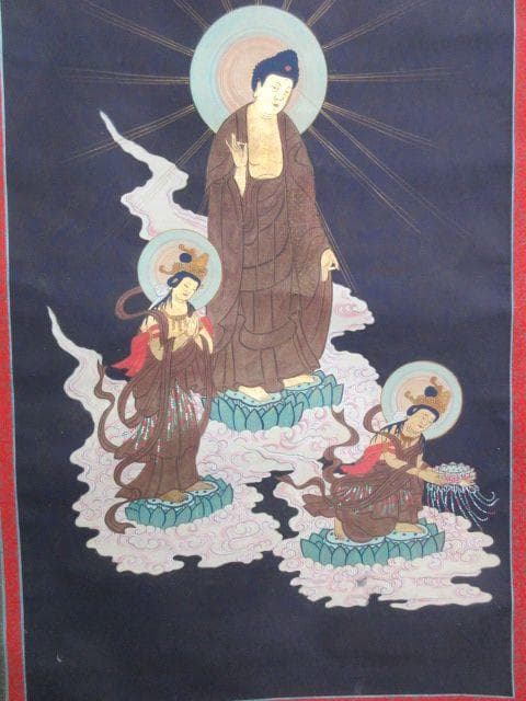 仏画阿弥陀三尊来迎図紙本掛軸 [B27749]