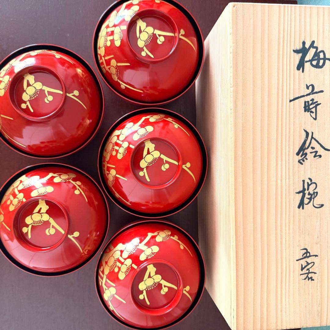 【未使用】共箱付 漆器 梅蒔絵 吸物椀 五客揃 理平造 朱塗 金蒔絵 来客用にも