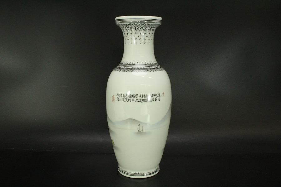 中国美術 景徳鎮 色絵 山水画 題詞紋 瓶 美品 911