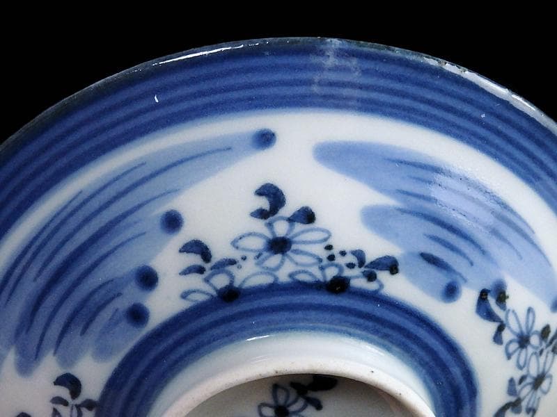 古伊万里　染付　輪線　桜花紋に霞の図　蓋茶碗　E864AS-COh