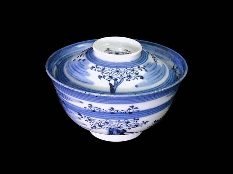 古伊万里　染付　輪線　桜花紋に霞の図　蓋茶碗　E864AS-COh